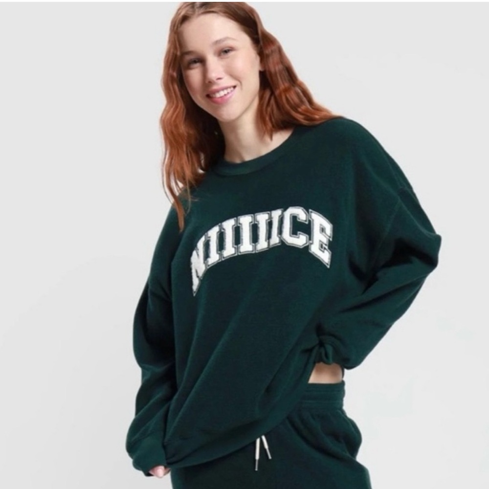 Aerie The Chill Cozy Crew Oversized Green Terry Sweatshirt SZ M